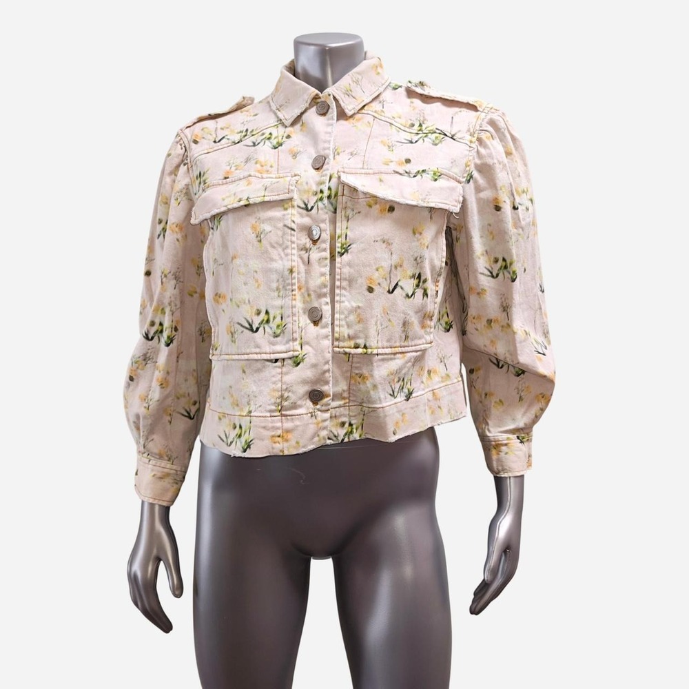 Rebecca Taylor Floral Denim Jacket Womens 2 Pink Yellow Cropped Puff Sleeve Jean